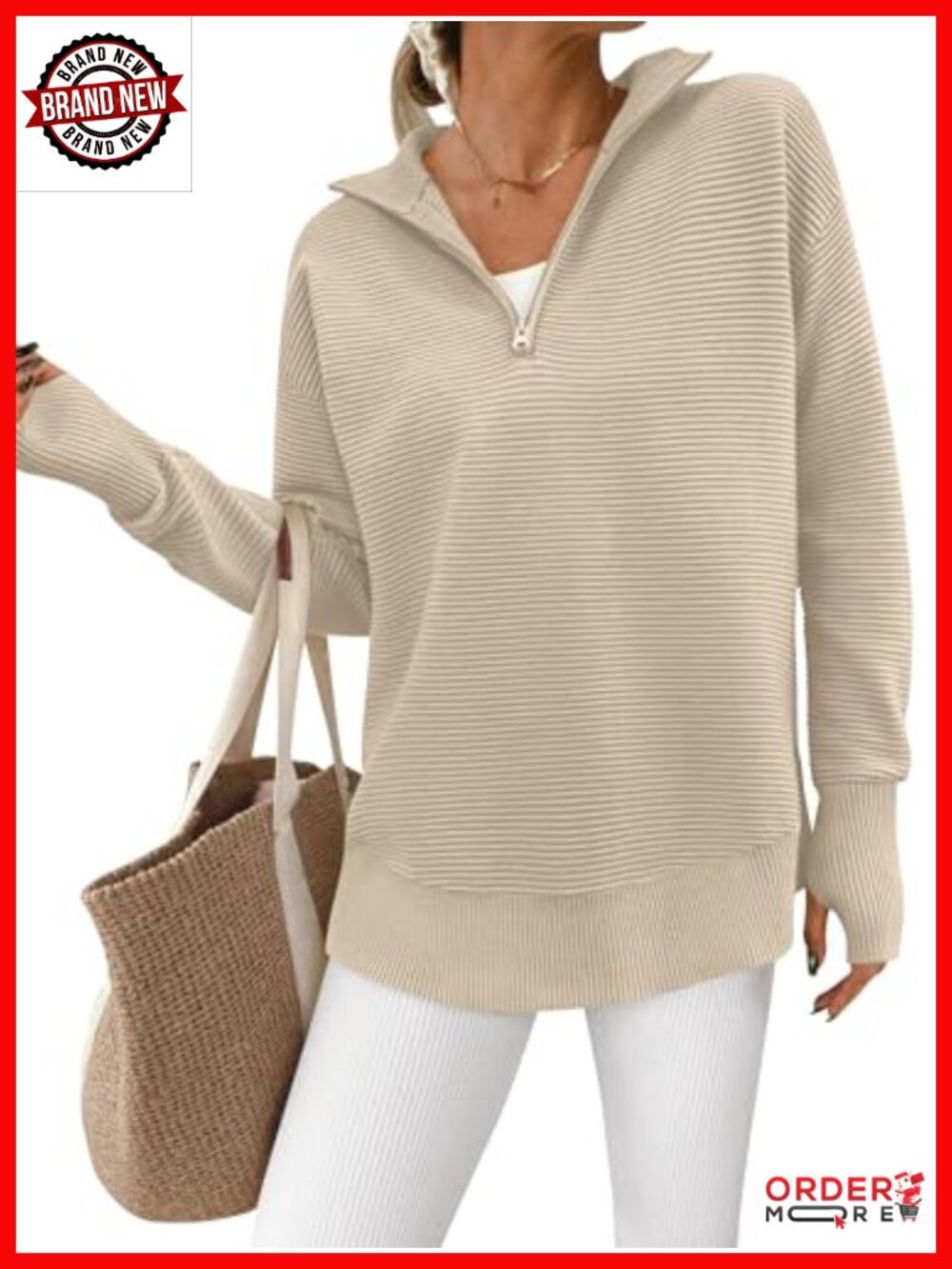 Womens Quarter Zip Ribbed Knit Pullover Sweater Loose Fit